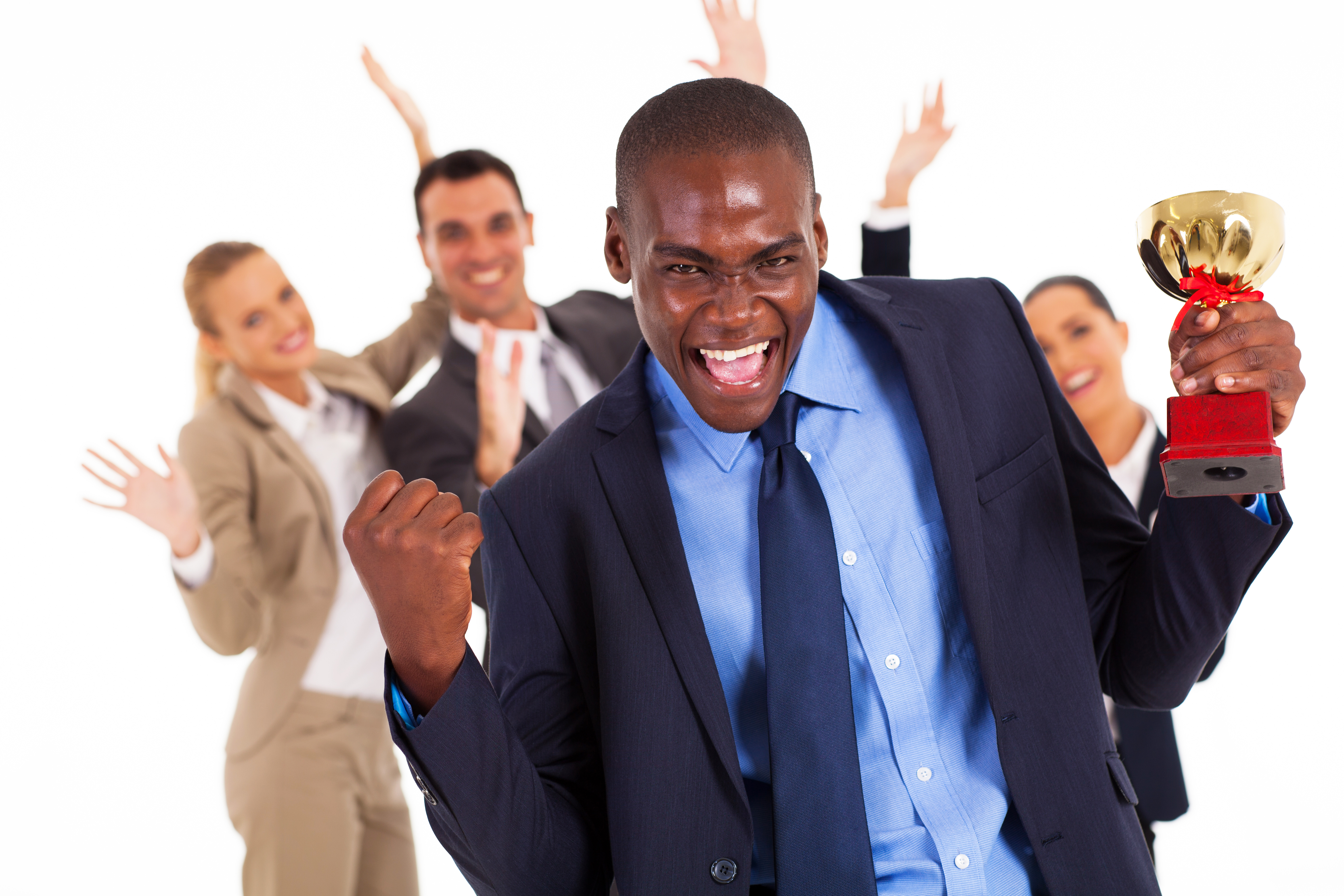 excited businessman winning a trophy